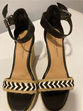 Christian Siriano Black and Natural Braided Espadrille Wedge Sandals